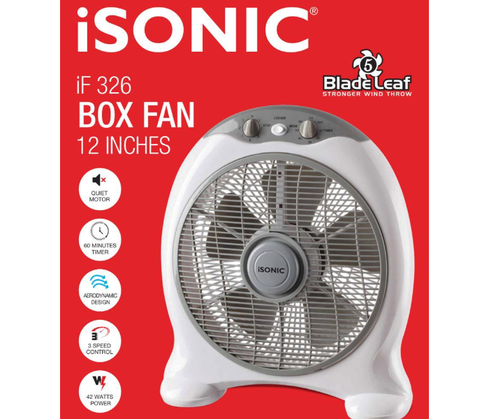 Isonci iF 326 12 Inch 42 Watts 5 Balde Leaf Aerodynamic Design Quiet Motor Box Fan - White and Grey - Zoom Image 2