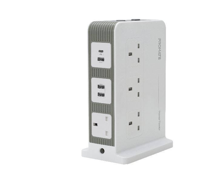 Promate POWERTOWER 3 Meter 10 Way Power Strip with USB-C Port - White - Zoom Image