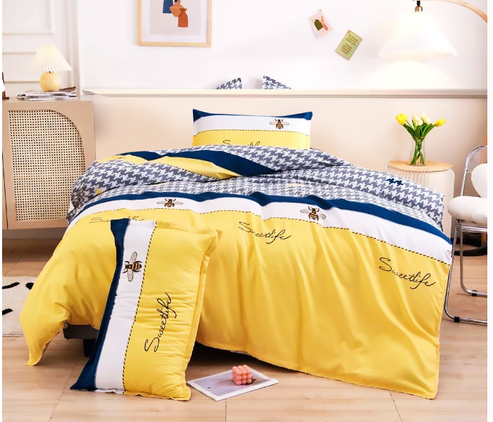 JA158-19 Cotton Double Size Bedsheet with Quilt Cover and Pillow Case 4 Pcs- Yellow and Blue - Zoom Image