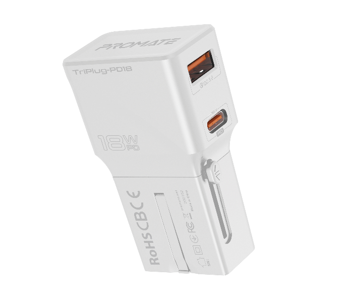 Promate TRIPLUG-PD18 Qualcomm Quick Charge 3.0 Travel Adapter with 18W Type C Power Delivery Port - White - Zoom Image 1