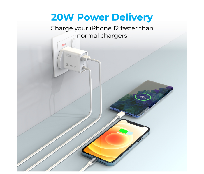 Promate ICHARGE-PDQC3 Fast Charging 20W Power Delivery Wall Charger with 1.5m Lightning Cable - White - Zoom Image 3