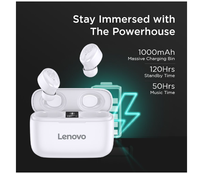 Lenovo HT18 Bluetooth 5.0 Hands-Free True Wireless Stereo In-Ear Earphones with Deep Bass, 1000mAh Massive Battery and Noise cancellation For Calling and Listening Music -White - Zoom Image 6