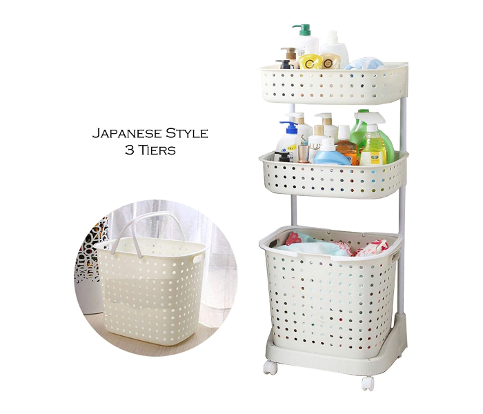 Japanese Style 3 Tier Laundry Basket Organizer with Wheels - White - Zoom Image 2