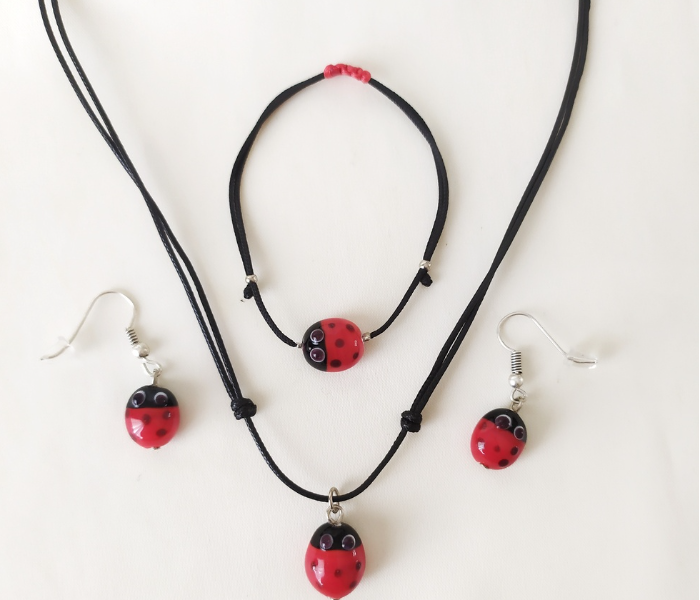 Handmade Glass Art Ladybug Jewellery Set - Maroon - Zoom Image 1