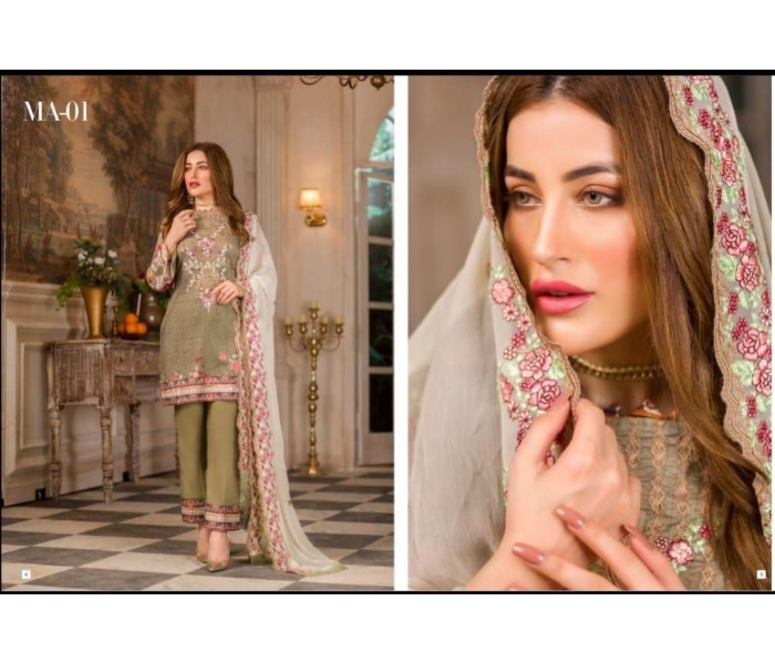 Trends Boutique MZ204 Premium Digital Print Embroidered Lawn Salwar Material with Embroidered Chiffon Dupatta - Dark Green - Zoom Image