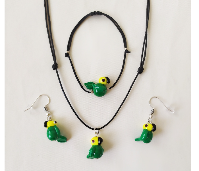 Handmade Glass Art Necklace of Parrot Jewellery Set - Green and Black - Zoom Image 1