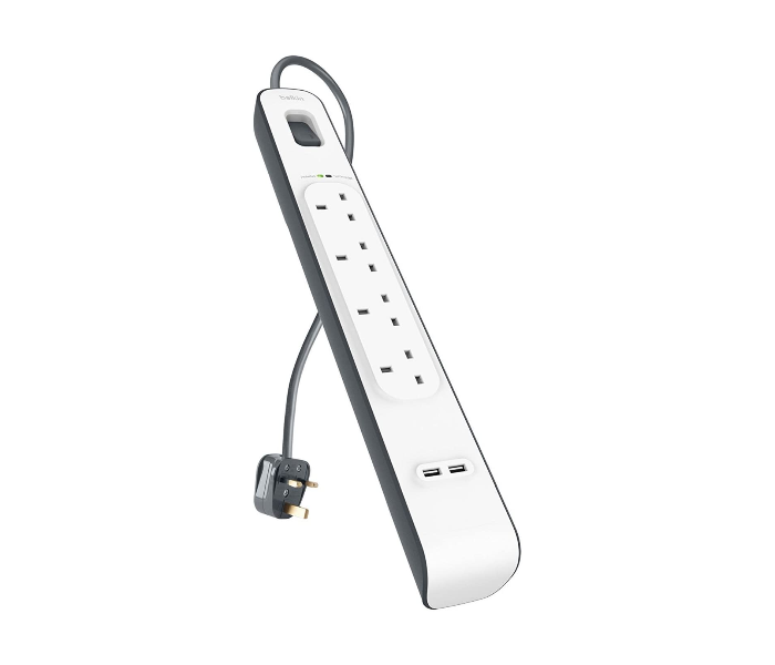 Belkin BL-SRG-4OT-2USBUK 4 Outlet Surge Protection Strip with 2 Meter Power Cord - White - Zoom Image 1