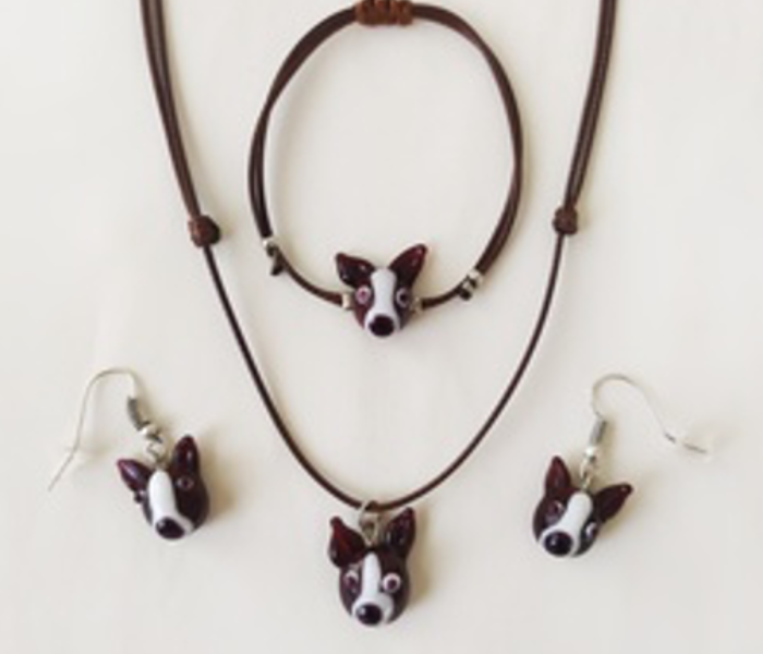 Handmade Glass Art Dog Jewellery Set - Brown and White - Zoom Image 1