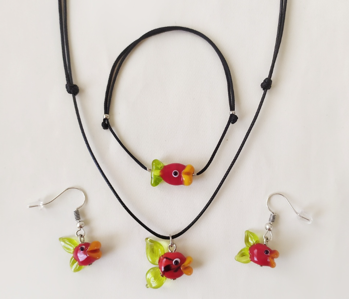 Handmade Glass Art Fish Jewellery Set - Red and Black - Zoom Image 1