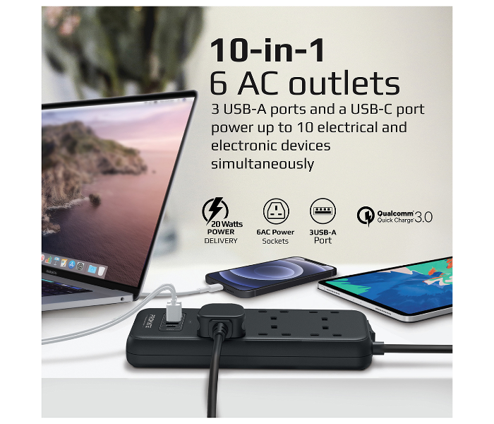 Promate POWERCORD32W-2M 2 Meter 10 in 1 Surge Protector Power Extension with 6 AC Outlet Power Strip with USB C Port - Zoom Image 2