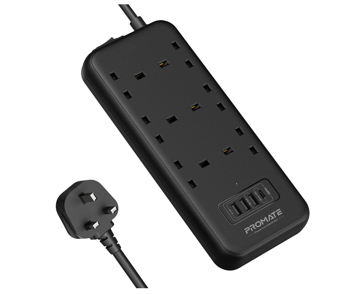 Promate POWERCORD32W-2M 2 Meter 10 in 1 Surge Protector Power Extension with 6 AC Outlet Power Strip with USB C Port - Zoom Image 1