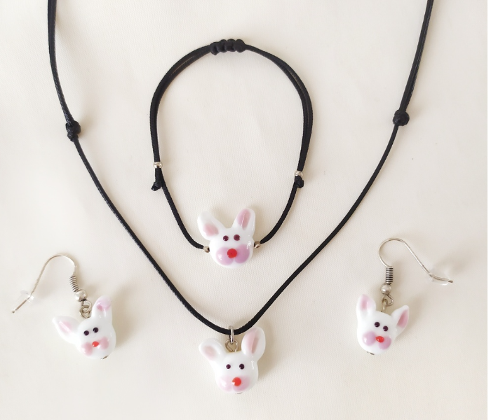 Handmade Glass Art Rabbit Jewellery Set - White - Zoom Image 1