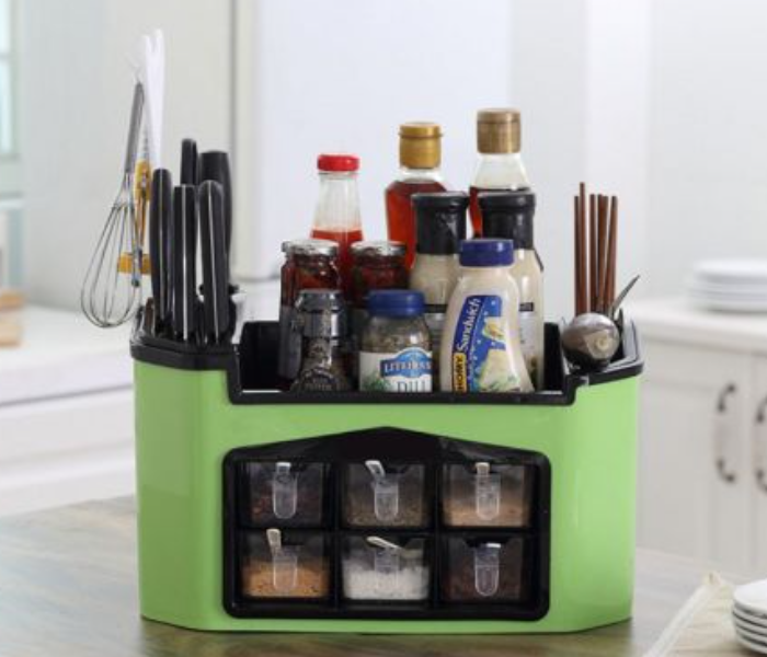 Multi-function Spice Rack Organizer with Seasoning Jar Storage Box for Flatware- Green and Black - Zoom Image 1