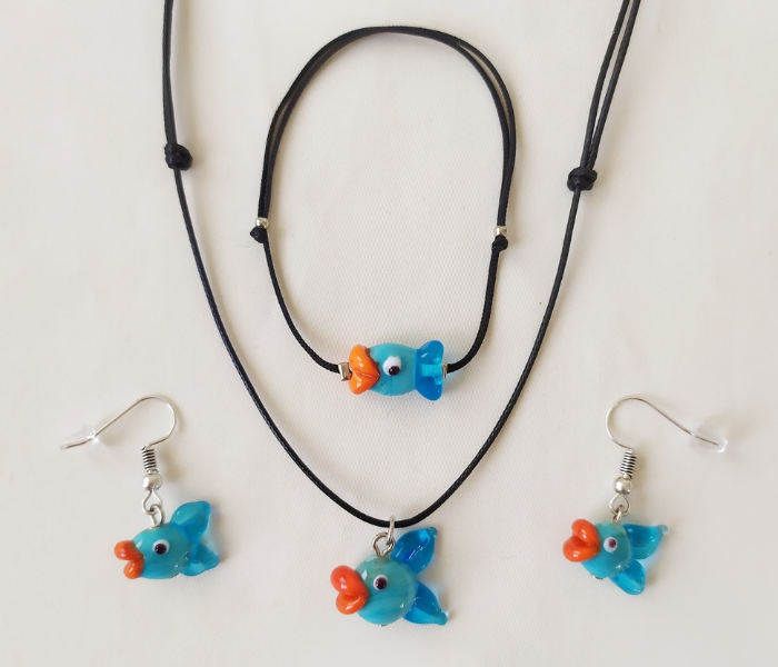 Handmade Glass Art Fish Jewellery Set - Blue and Black - Zoom Image 1