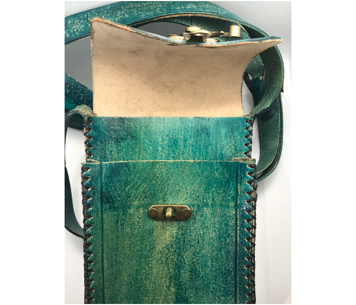 Handmade Small Leather Hand Bag with Lotus Pattern- Green - Zoom Image 2