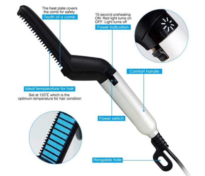 Men Beard Straightener and Quick Hair Styler Hair Comb - Black - Zoom Image 2