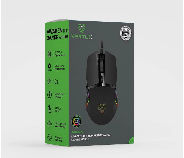 Vertux ARGON 6400DPI Ultra-Responsive 6 Button Programmable RGB Gaming Mouse - Black - Zoom Image 5