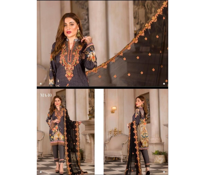 Trends Boutique MZ201 Premium Digital Print Embroidered Lawn Salwar Material with Embroidered Chiffon Dupatta - Black - Zoom Image