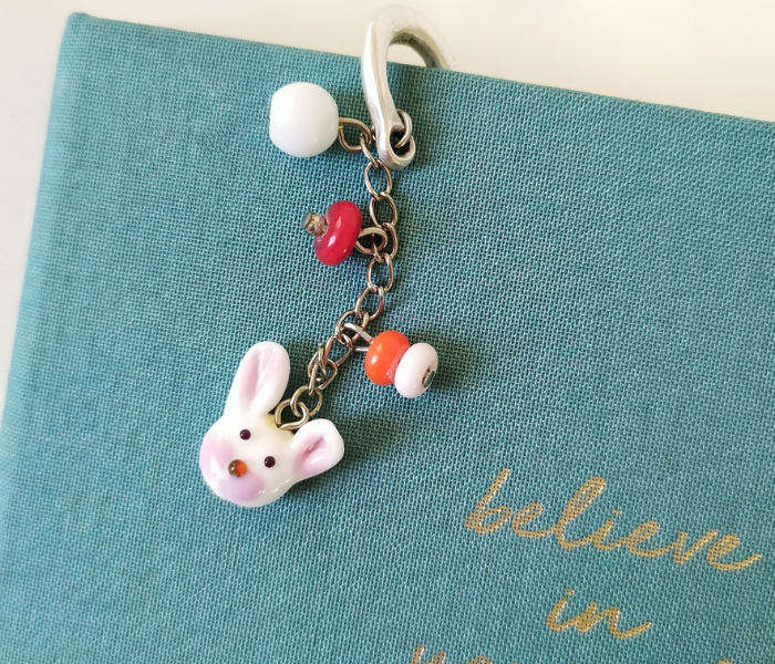 Handmade Glass Art Bookmark of Rabbit - Pink and White - Zoom Image 2