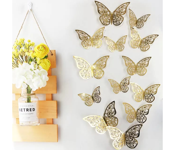 Serah Home Decors 12 Pieces Hollow Paper  3D Butter Fly Sticker - Gold - Zoom Image