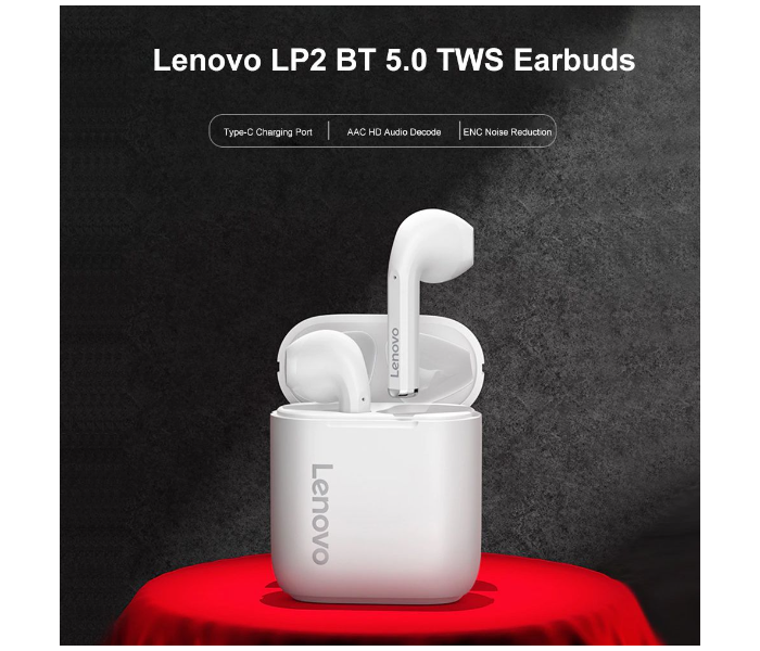 Lenovo LP2 Bluetooth 5.0 True Wireless Earphone with Dual Stereo Deep Bass  and Touch Control - White - Zoom Image 7