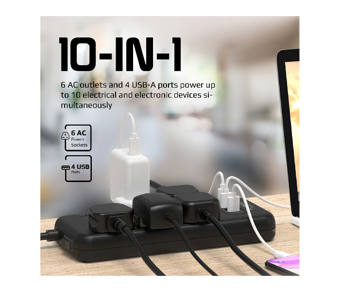 Promate POWERCORD17W-2M 2 Meter Universal 10 in 1 Surge Protector Charging Station with 6 AC Outlet Power Strip - Zoom Image 4