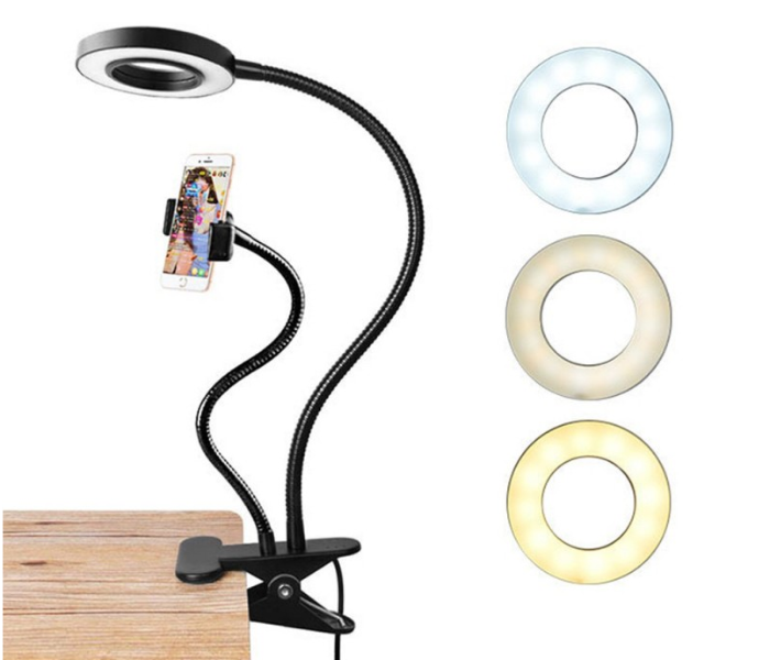 Trands TR-TH507 Flexible 360 Degree Mobile Phone Holder with Selfie Ring Light - Black - Zoom Image 1