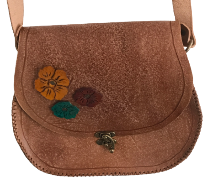 Handmade Leather Satchel with Flower Pattern - Brown - Zoom Image