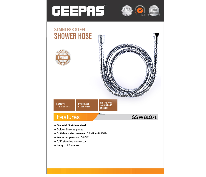 Geepas GSW61071 1.5 Meter Shower Hose - Silver - Zoom Image