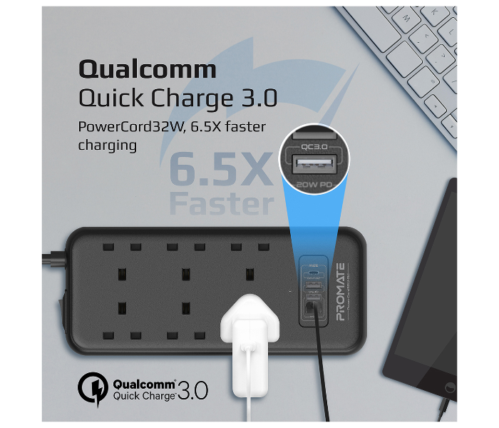 Promate POWERCORD32W-4M 4 Meter 10 in 1 Surge Protector Power Extension with 6 AC Outlet Power Strip with USB C Port - Zoom Image 3