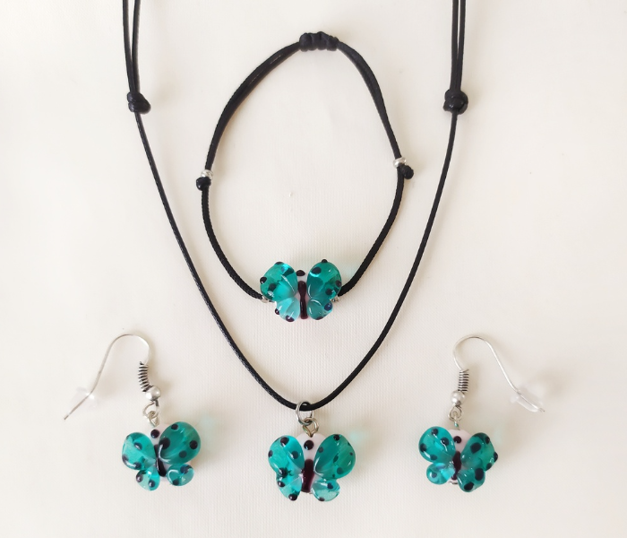 Handmade Glass Art Butterfly Jewellery Set - Green and Black - Zoom Image 1