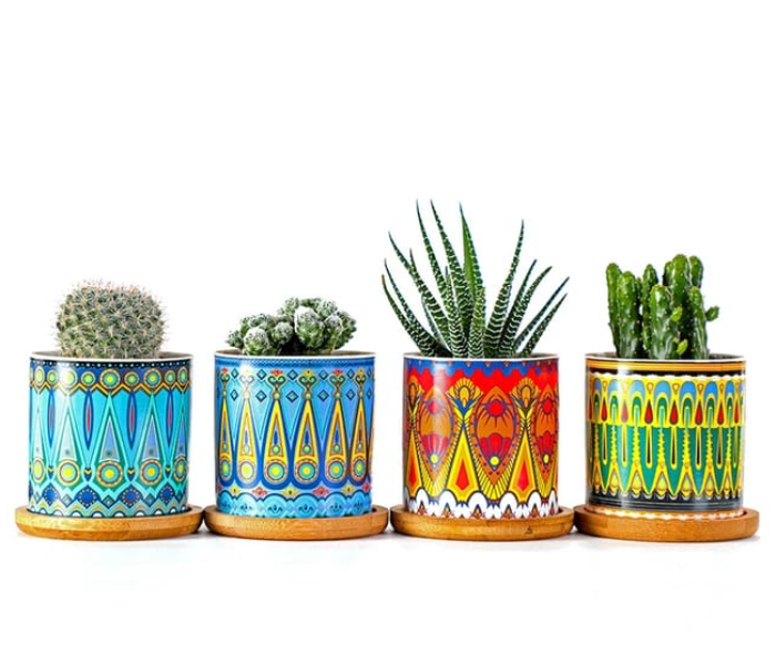 Serah Home Decors Ceramic 4Pcs Pots For Succulents and Cactus with Wooden Base Ceramic Pots Design 2 - Zoom Image 1