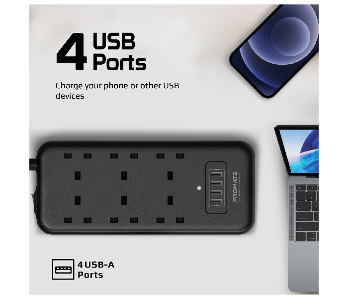 Promate POWERCORD17W-2M 2 Meter Universal 10 in 1 Surge Protector Charging Station with 6 AC Outlet Power Strip - Zoom Image 2