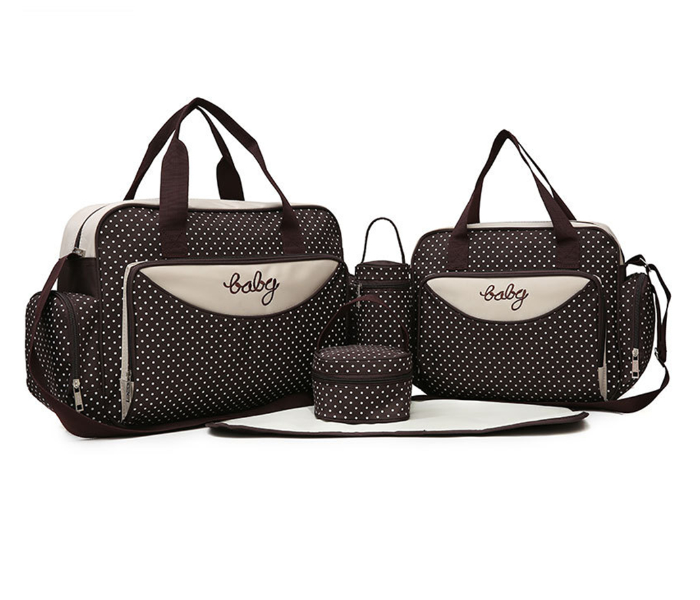 KidLe 3019T Set of 5 Piece Fashion Polka Dot Multifunctional Large-Capacity Diaper Bag - Brown - Zoom Image