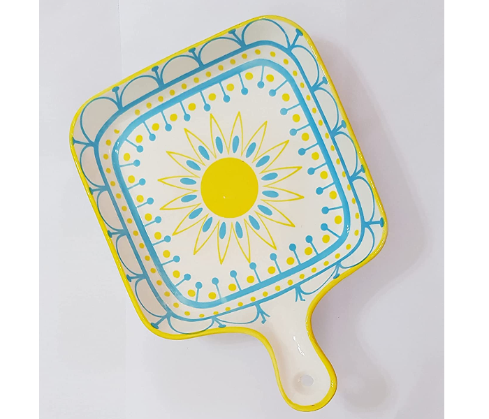 Handpainted Square Ceramic Serving Plate - Blue and Yellow - Zoom Image