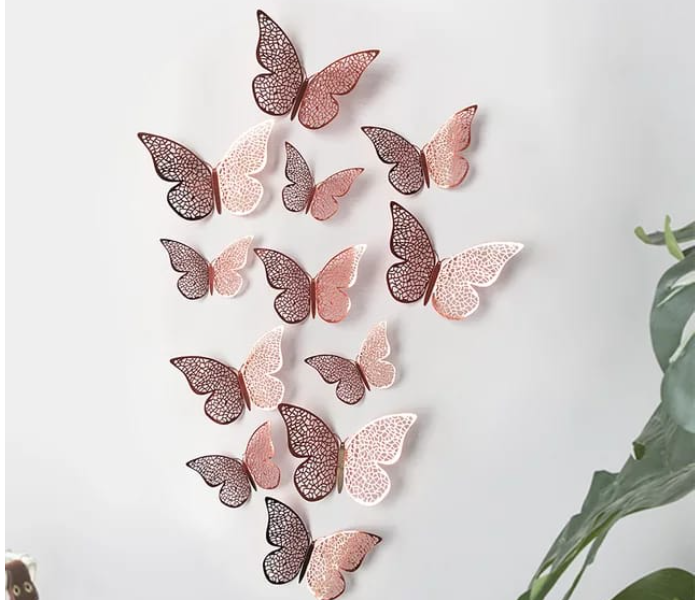 Serah Home Decors 12 Pieces Type-A Hollow Paper 3D Butter Fly Sticker - Rose Gold - Zoom Image