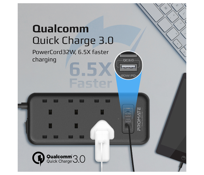 Promate POWERCORD32W-2M 2 Meter 10 in 1 Surge Protector Power Extension with 6 AC Outlet Power Strip with USB C Port - Zoom Image 3