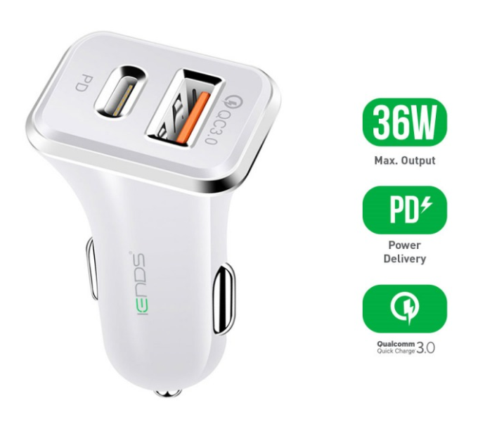   Iends IE-AD657 36W Car Charger with Dual Ports Type C and USB – White - Zoom Image 2