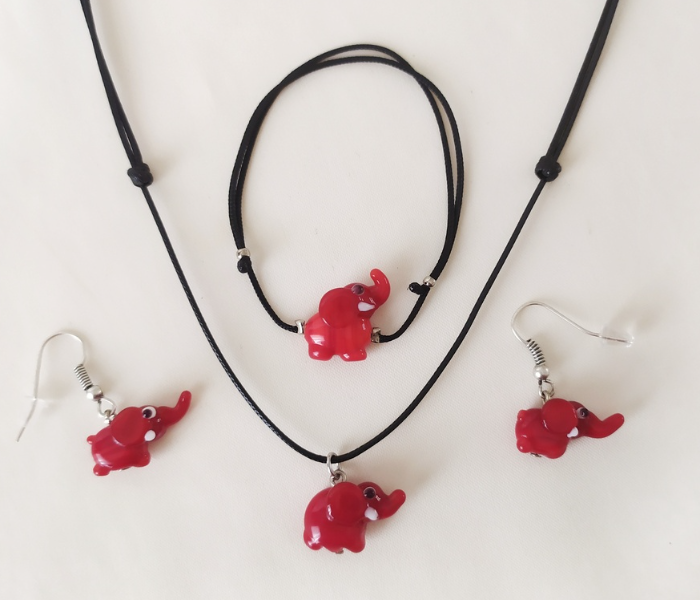 Handmade Glass Art Elephant Jewellery Set - Red and Black - Zoom Image 1