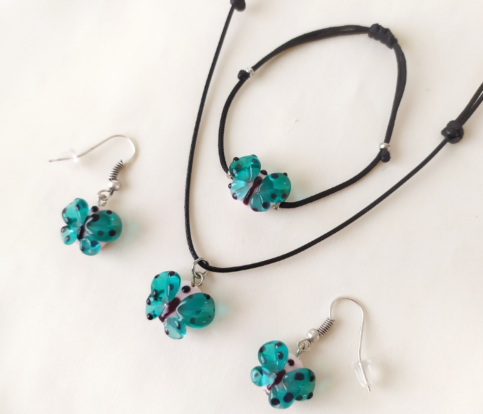 Handmade Glass Art Butterfly Jewellery Set - Green and Black - Zoom Image 4