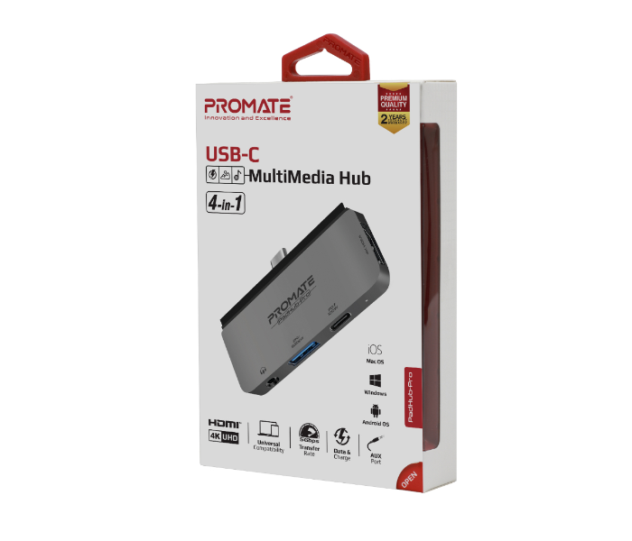 Promate PADHUB-PRO 4 in 1 Multi Media Type C Adapter with 100W USB C PD Port USB C Hub - Grey - Zoom Image 3