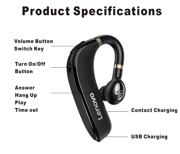 Lenovo HX106 Bluetooth Wireless Earphone Pro Ear Hook - Black - Zoom Image 2