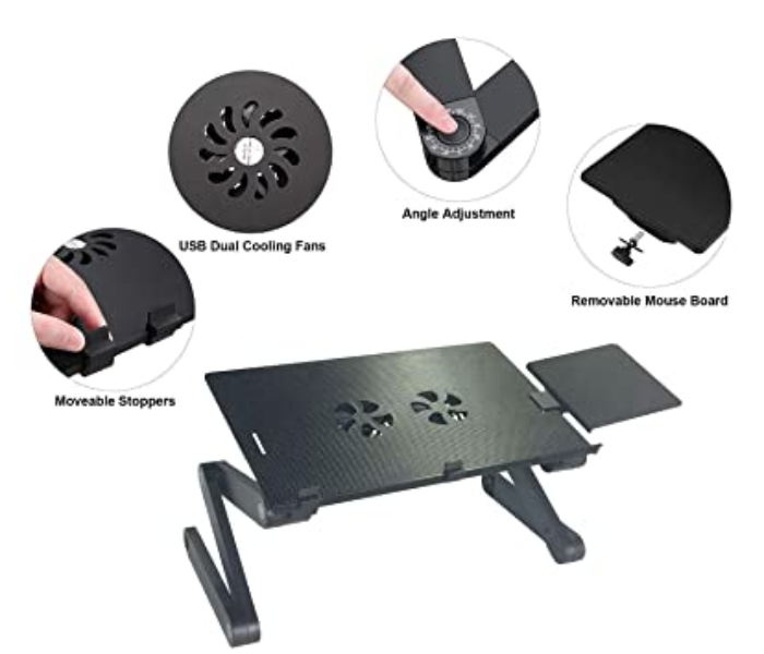 Portable Large Size Adjustable Laptop Table with Mouse Pad and Cooling Fan Stand for Bed and Sofa – Black - Zoom Image 4