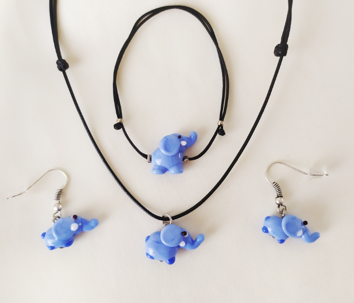 Handmade Glass Art Elephant Jewellery Set - Blue and Black - Zoom Image 1