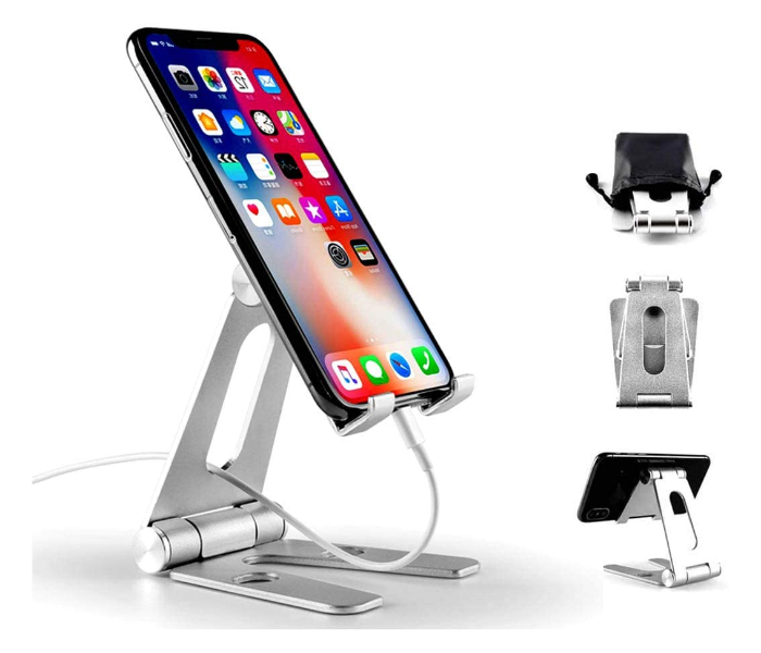 Adjustable Phone Stand Holder Mobile and Tablet Aluminum Portable Desktop Stand for iPhone 11, iPhone X, iPhone 8 7, Samsung, Galaxy S9 S8, iPad, Kindle - Silver - Zoom Image