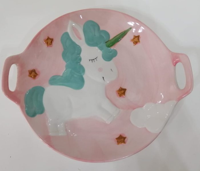 Unicorn Handpainted Ceramic Plate - Pink and White  - Zoom Image