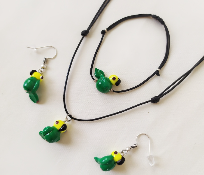 Handmade Glass Art Necklace of Parrot Jewellery Set - Green and Black - Zoom Image 4