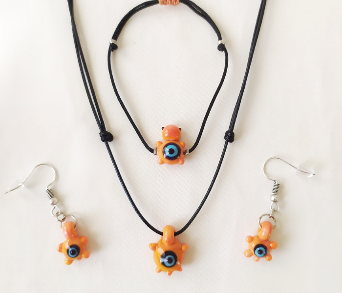 Handmade Glass Art Turtle Jewellery Set - Orange and Black - Zoom Image 1