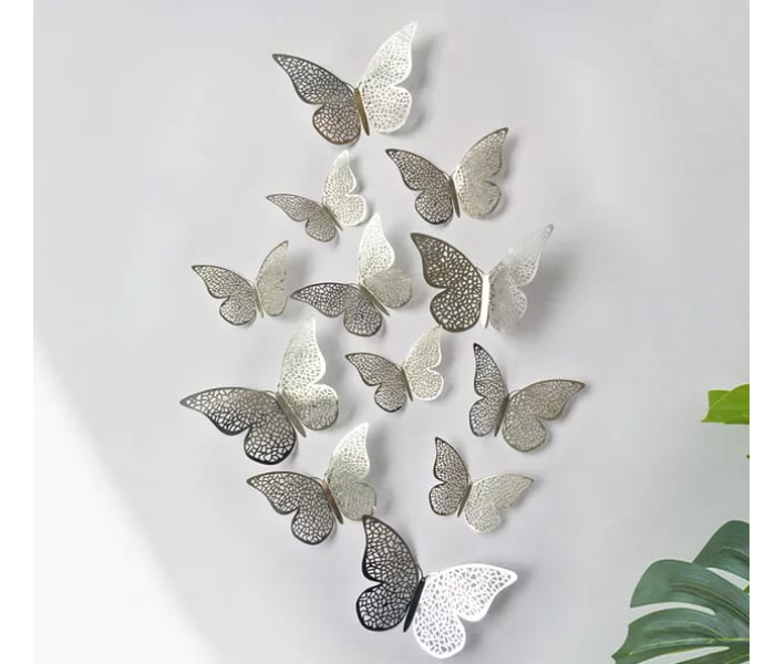 Serah Home Decors 12 Pieces Hollow Paper 3D Butter Fly Sticker - Silver - Zoom Image