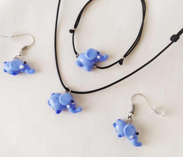 Handmade Glass Art Elephant Jewellery Set - Blue and Black - Zoom Image 4